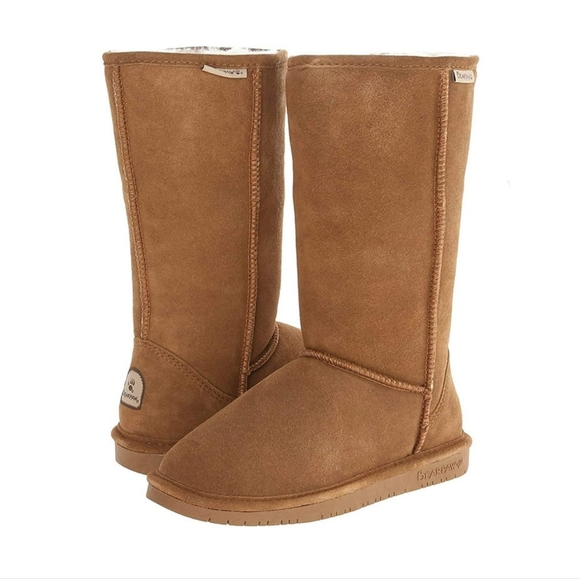 BEARPAW Emma Brown Suede Tall Boots Slip On Sheepskin Women Sz 8 Flat Heel MINT - Picture 4 of 15
